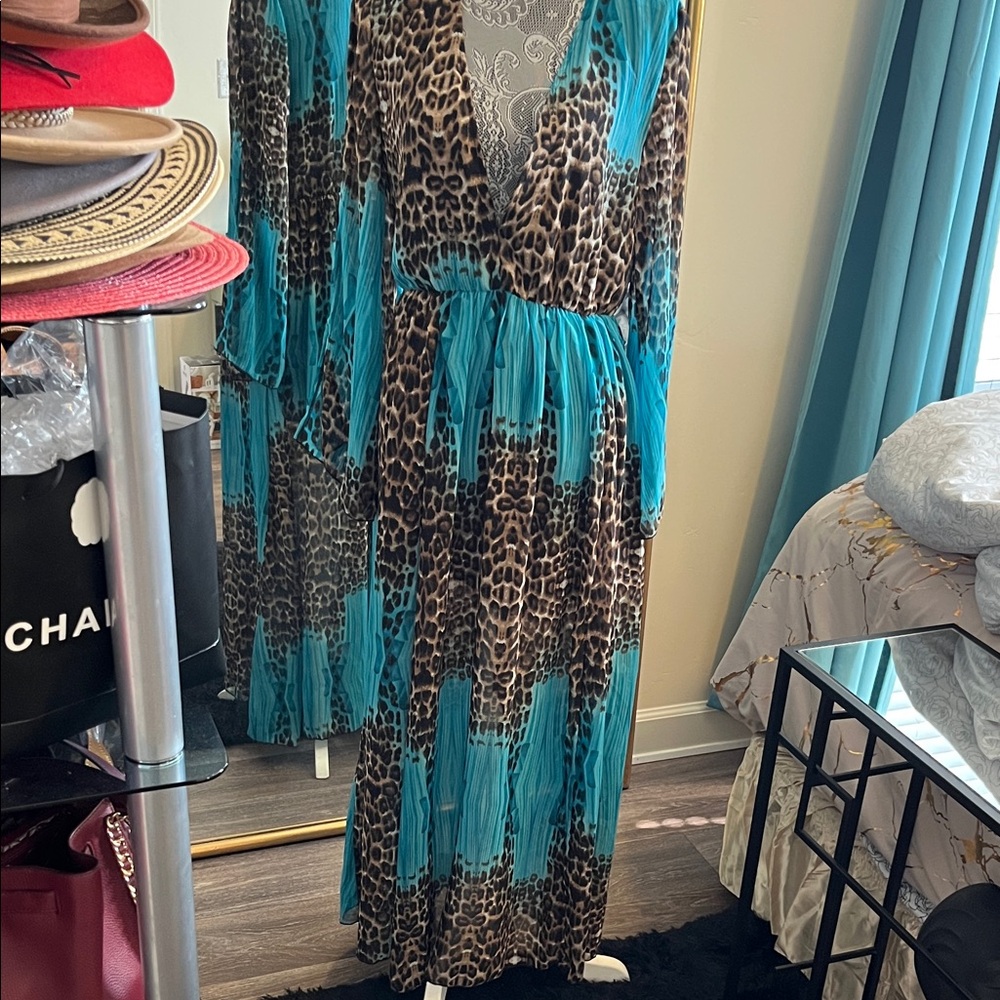 Leopard Print and Teal Maxi Dress
